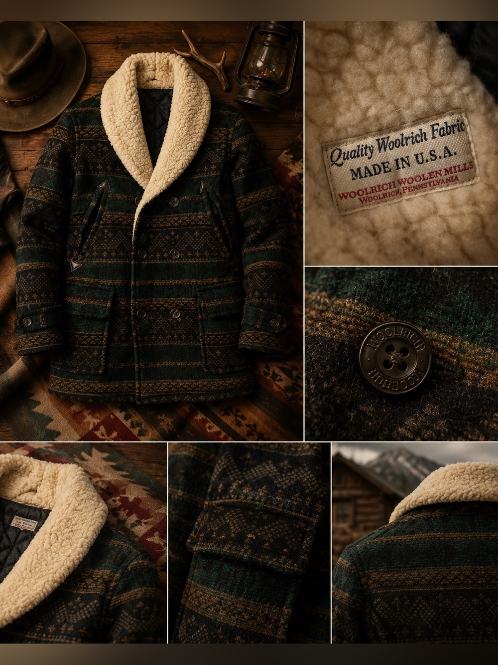 VTG rare Woolrich Green and Brown Patterned Sherpa Collar Wool Coat
